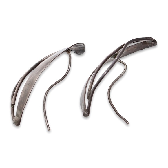 Vintage Sterling Silver Earrings Abstract Crescent Moon Modernist Primitive - Picture 3 of 5